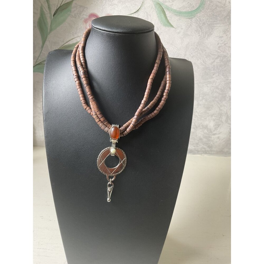 Brown Beaded Multi-Strand Necklace With Pendant & Silver Tone Accents